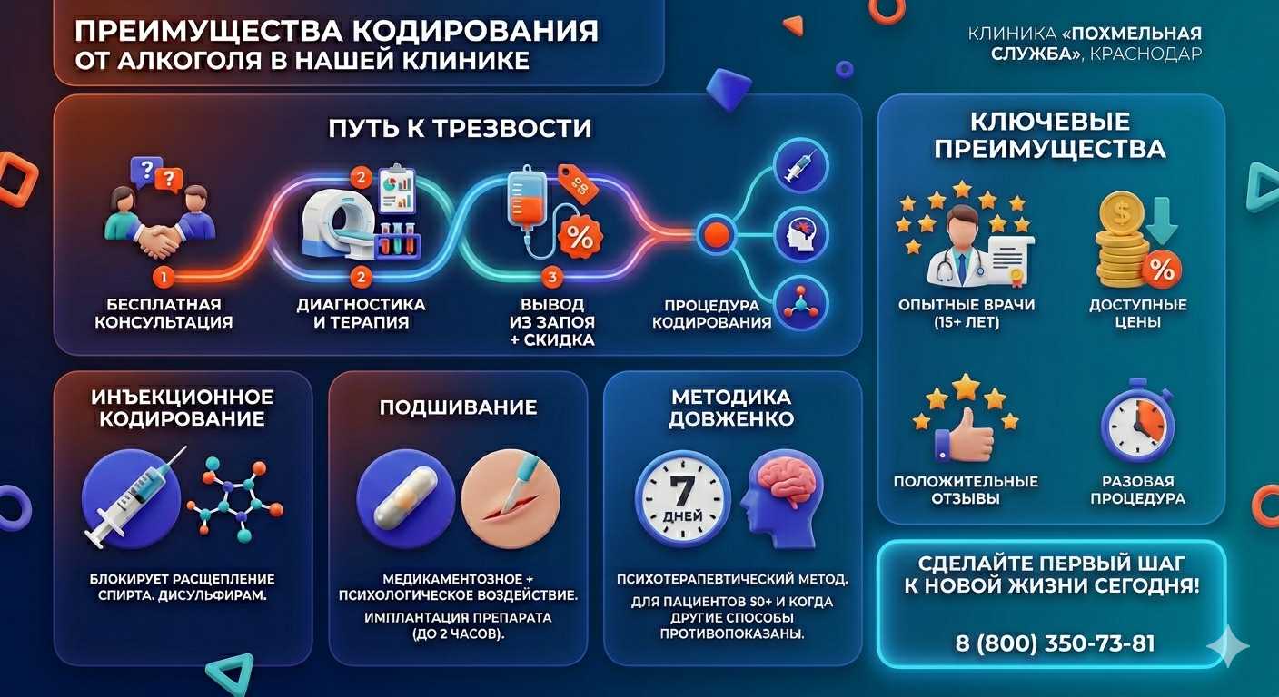 Инфографика о методах кодирования от алкоголя в Красноперекопске: инъекции, подшивание, метод Довженко. Преимущества клиники и этапы лечения.