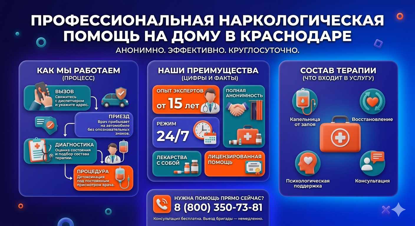 Инфографика о принципах лечения алкоголизма на дому в Красноперекопске: этапы вызова нарколога, преимущества анонимной детоксикации и состав медицинской помощи.